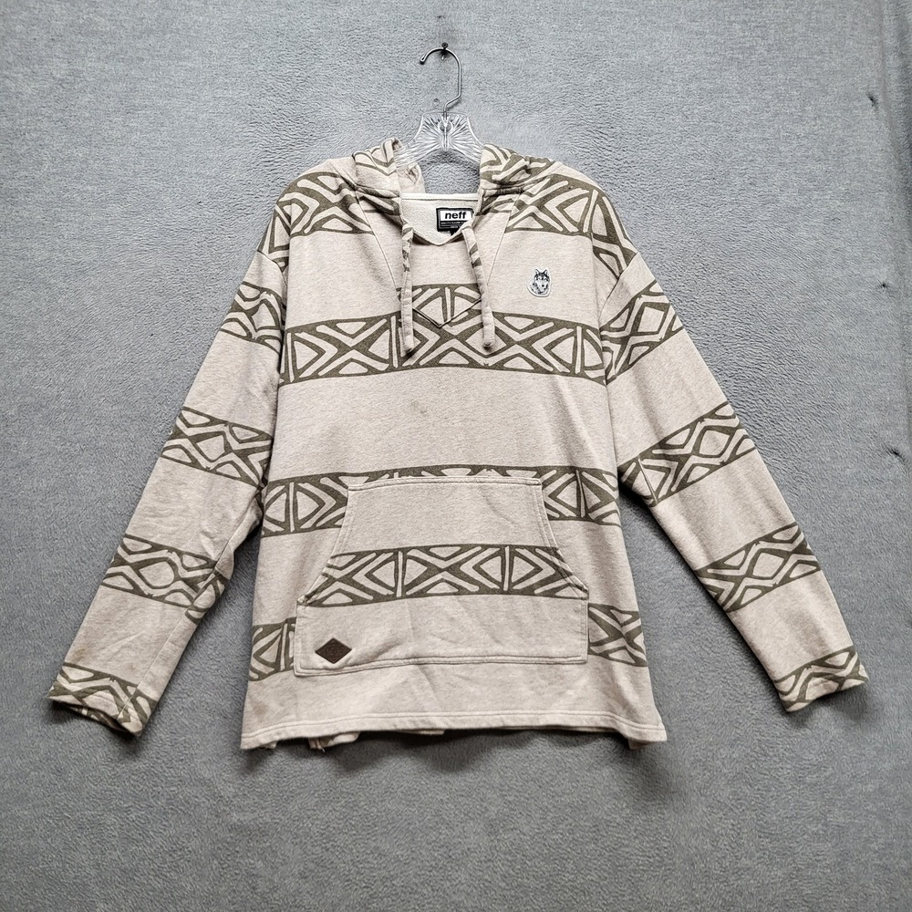 Neff Men Hoodie L Beige Wolf Head Embroidery Geometric Drawstring READ